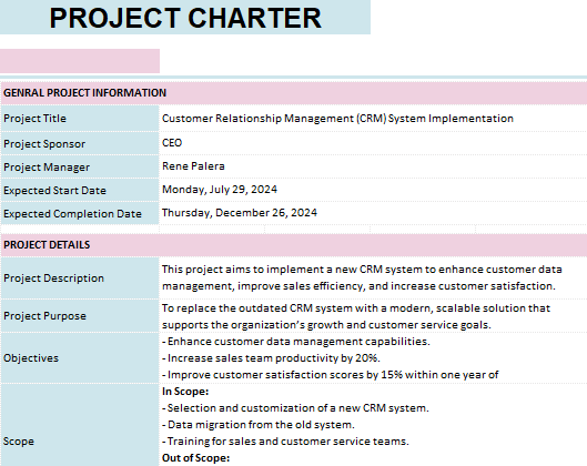 Project Charter Project Management Template Excel