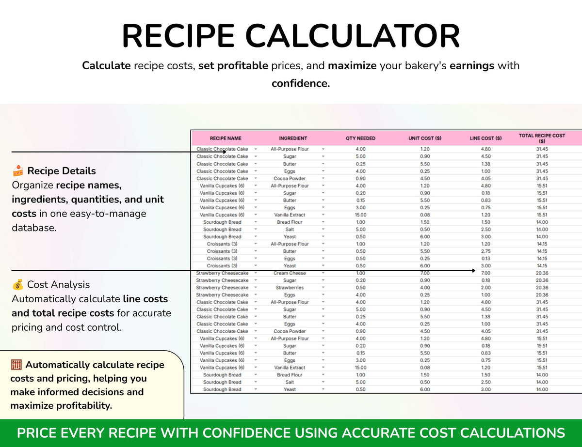 Bakery Planner Business Spreadsheet Recipe Cost Calculator