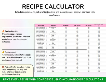 Bakery Planner Business Spreadsheet Recipe Cost Calculator