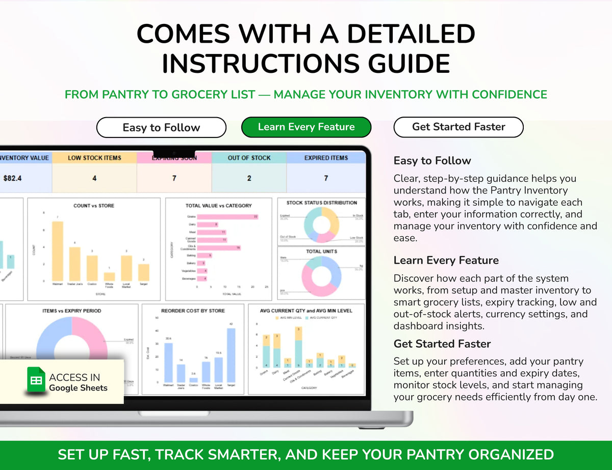 Pantry Inventory Spreadsheet, Food Inventory Tracker, Grocery List