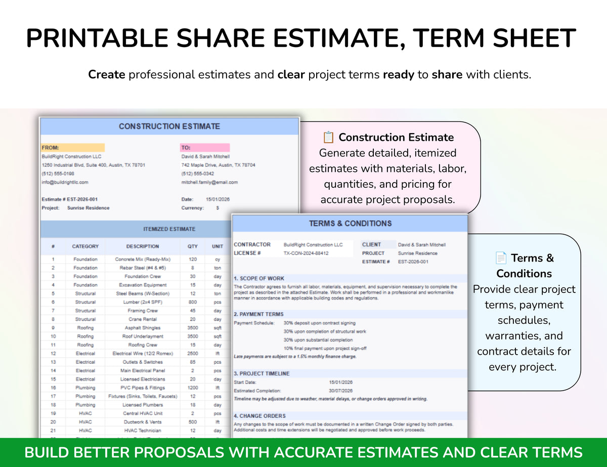 Contractor Estimate Spreadsheet — Construction Bid Calculator