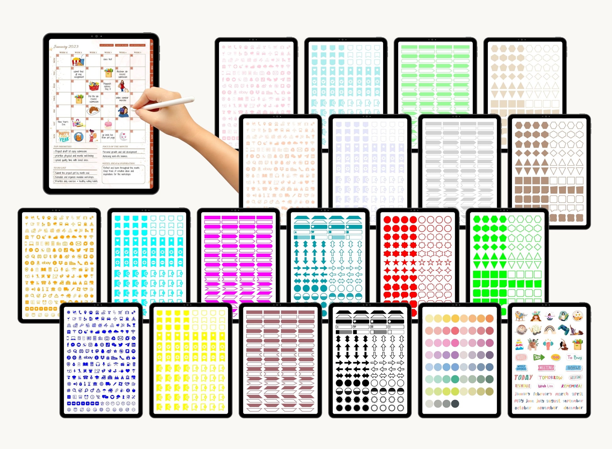  PLR Sticker Designs, Planner Stickers, Personalized Digital Designs, Personal Use, High-quality Sticker Graphics, Exclusive Sticker Graphics, Editable Stickers, Editable Sticker Bundle, Downloadable Sticker Pack