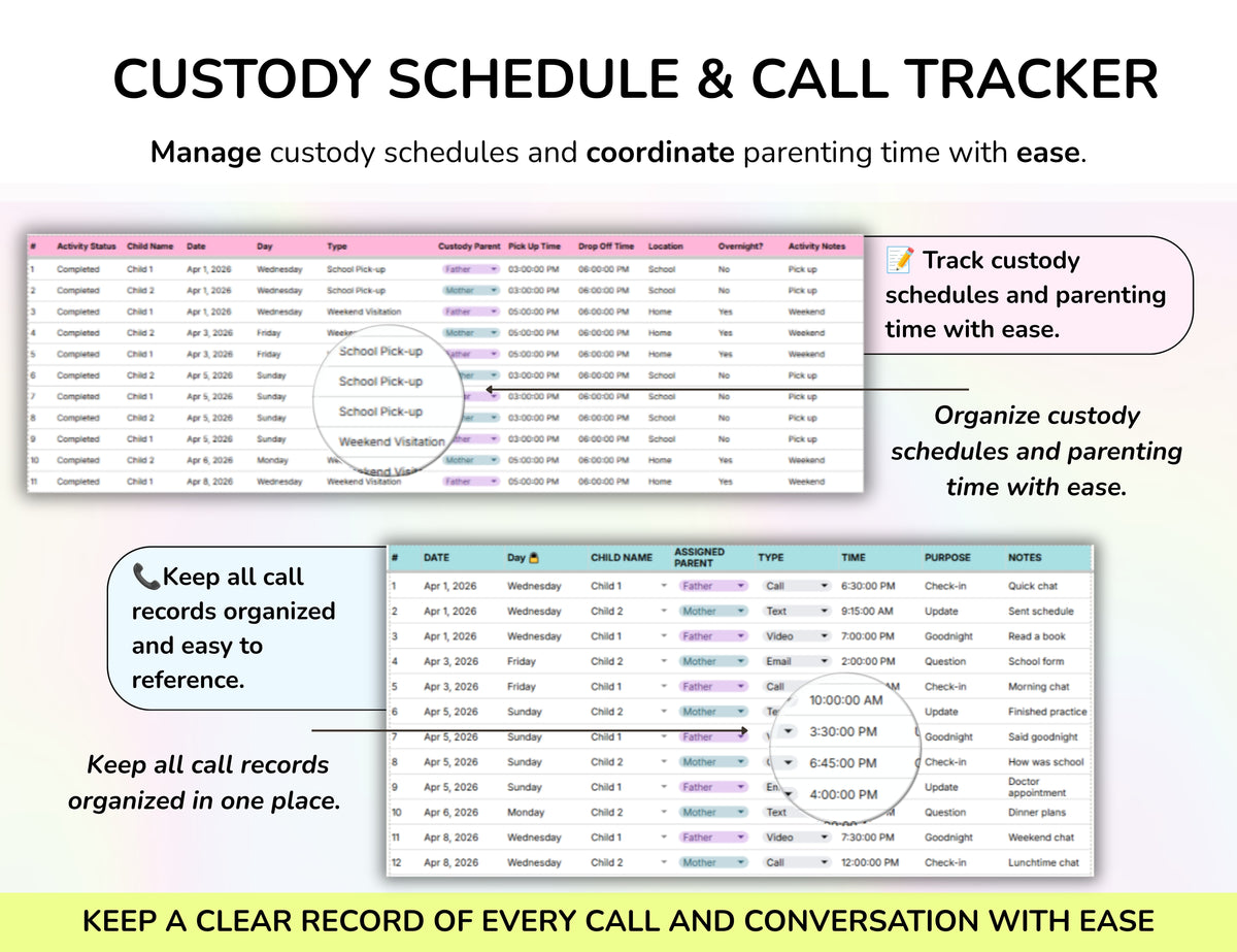 Co-Parenting Planner Bundle Shared Expenses Custody and Call Logs