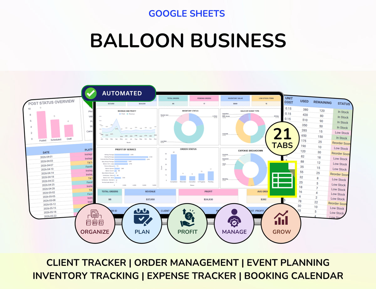Balloon Business Spreadsheet, Balloon Business Planner, Balloon Business Template, Balloon Business Tracker, Balloon Business System, Balloon Decorator Spreadsheet, Event Decor Business, Balloon Inventory Tracker, Balloon Order Tracker, Balloon Booking System, Balloon Business Dashboard, Party Decor Business, Google Sheets Business, Balloon Business Bundle, Event Planner Spreadsheet, Small Business Spreadsheet, Balloon Client Tracker, Balloon Expense Tracker, Balloon Management, Balloon Business Google Shee
