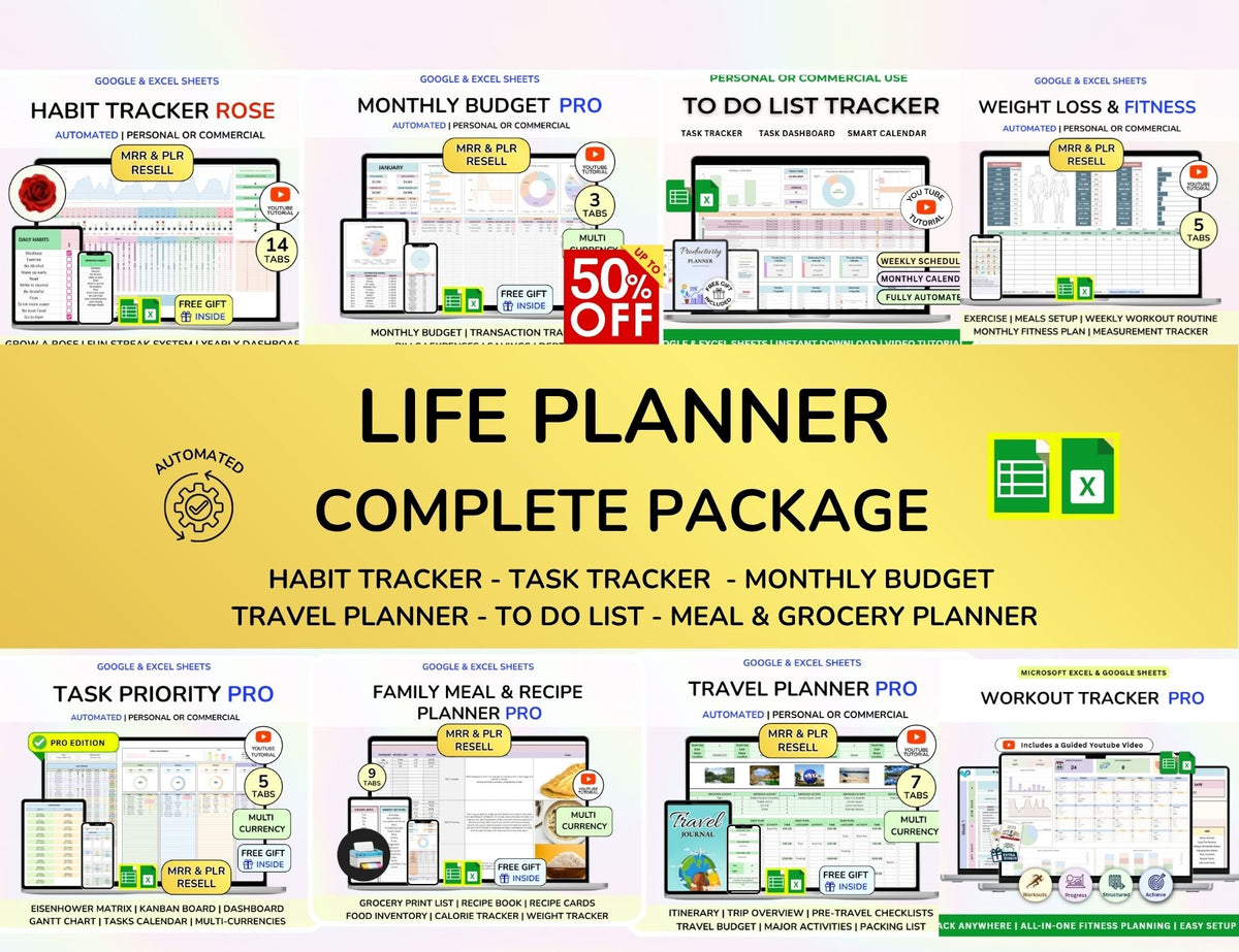 Life Planner, Digital Life Planner, Life Planner Spreadsheet, Life Organization Planner, Personal Planner, Goal Planner, Daily Planner, Weekly Planner, Monthly Planner, Productivity Planner, Habit Tracker, Budget Planner, Meal Planner, Wellness Planner, Goal Tracker, Routine Planner, Personal Dashboard, Google Sheets Planner, All-in-One Planner, Life Management Template
