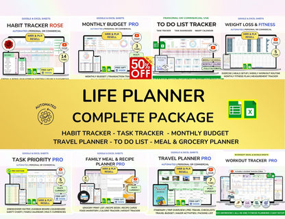 Life Planner, Digital Life Planner, Life Planner Spreadsheet, Life Organization Planner, Personal Planner, Goal Planner, Daily Planner, Weekly Planner, Monthly Planner, Productivity Planner, Habit Tracker, Budget Planner, Meal Planner, Wellness Planner, Goal Tracker, Routine Planner, Personal Dashboard, Google Sheets Planner, All-in-One Planner, Life Management Template
