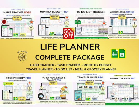 Life Planner, Digital Life Planner, Life Planner Spreadsheet, Life Organization Planner, Personal Planner, Goal Planner, Daily Planner, Weekly Planner, Monthly Planner, Productivity Planner, Habit Tracker, Budget Planner, Meal Planner, Wellness Planner, Goal Tracker, Routine Planner, Personal Dashboard, Google Sheets Planner, All-in-One Planner, Life Management Template
