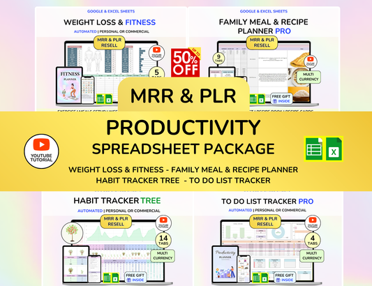 PLR Productivity Bundle Weight loss Planner Family Meal Planner Habit tracker To Do List Tracker PLR Google Sheet Plr bundle Plr Planner
