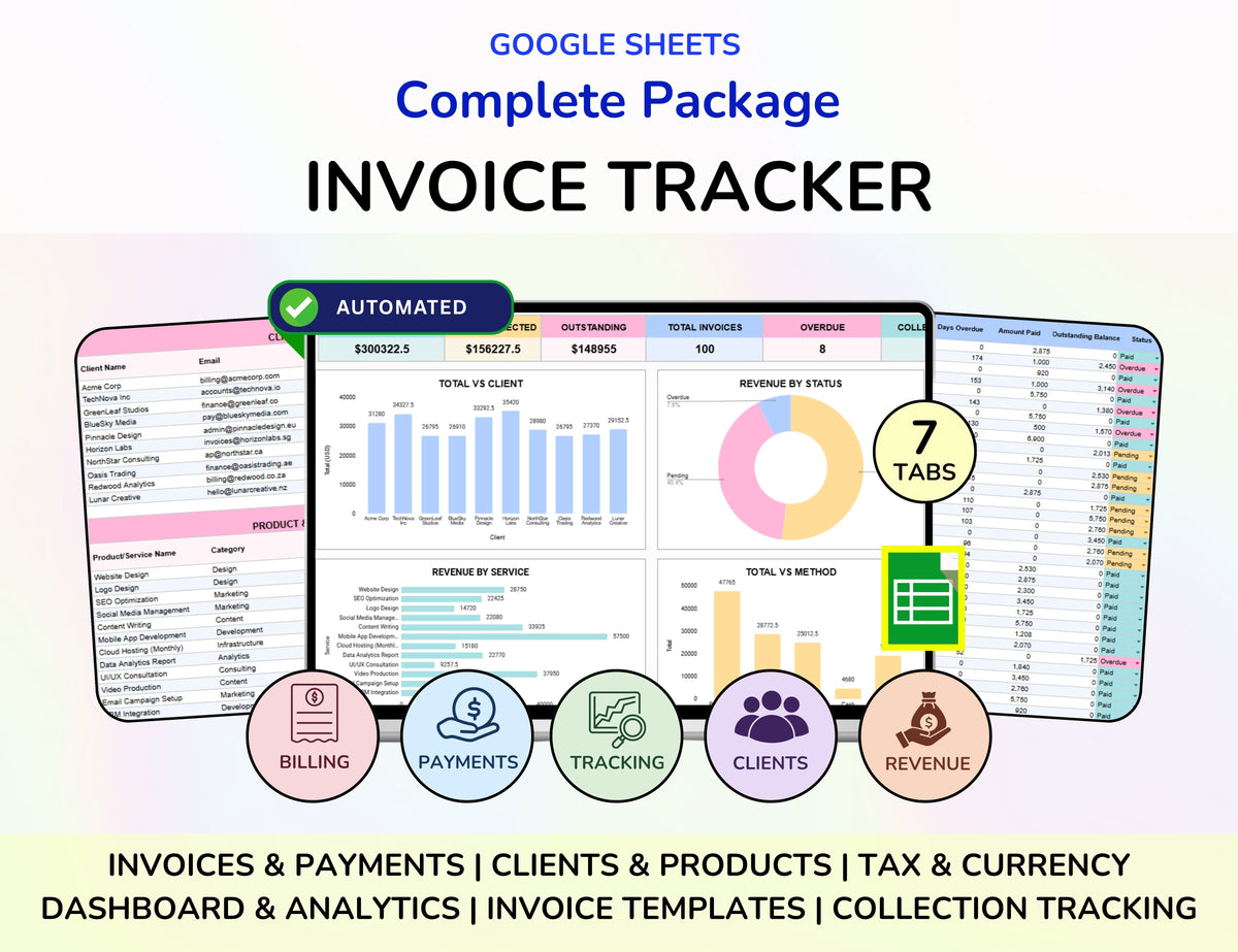 Invoice Tracker, Invoice Spreadsheet, Invoice Template, Invoice Organizer, Payment Tracker, Client Payment Tracker, Business Invoice Tracker, Invoice Log, Accounts Receivable Tracker, Unpaid Invoice Tracker, Invoice Dashboard, Small Business Spreadsheet, Freelance Invoice Tracker, Business Payment Tracker, Client Invoice Log, Invoice Due Date Tracker, Income Tracker, Google Sheets Invoice, Invoice Management, Billing Tracker