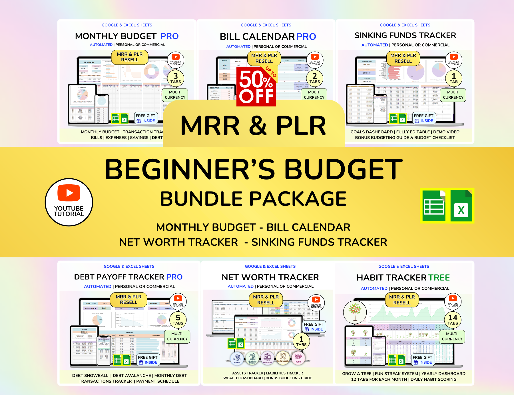 Plr MRR Budget Bundle PLR Google Sheets PLR Spreadsheet Monthly Budget Excel Debt Tracker Bill Calendar Net Worth Tracker Budget Planner