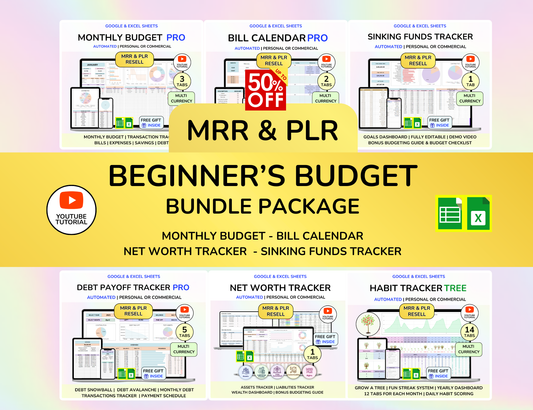 Plr MRR Budget Bundle PLR Google Sheets PLR Spreadsheet Monthly Budget Excel Debt Tracker Bill Calendar Net Worth Tracker Budget Planner