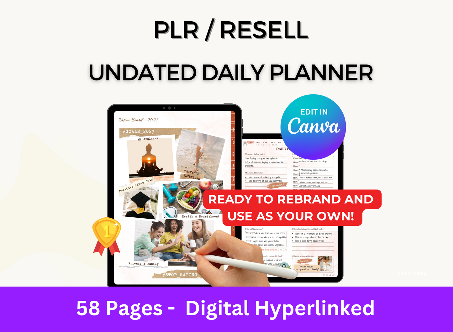PLR Resell Undated Digital Planner, Daily Planner, Hyperlinked Journal PLR Journal Canva Editable Commercial Use Resell Rights