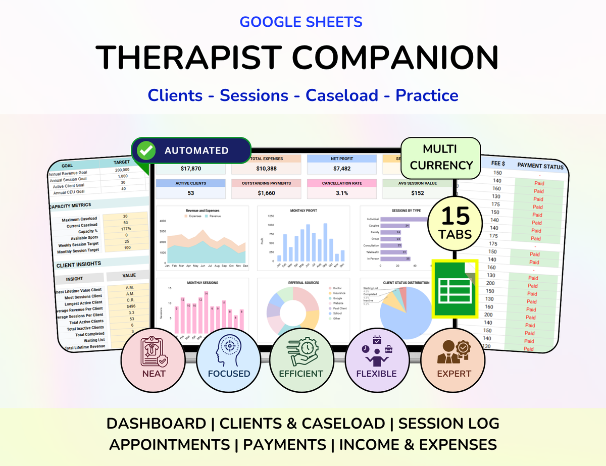 Perfect for people looking for:
Therapist Planner, Therapist Spreadsheet, Therapy Practice Planner, Private Practice Spreadsheet, Therapist Business Template, Therapy Client Tracker, Client Session Tracker, Caseload Tracker, Therapy Appointment Planner, Therapist Dashboard, Therapy Notes Organizer, Private Practice Management, Mental Health Professional Planner, Counseling Business Spreadsheet, Therapist Expense Tracker, Therapy Income Tracker, Client Appointment Tracker, Google Sheets Therapist, Therapy Pr