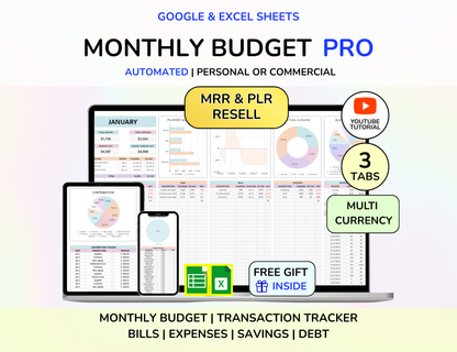 Plr MRR Budget Bundle PLR Google Sheets PLR Spreadsheet Monthly Budget Excel Debt Tracker Bill Calendar Net Worth Tracker Budget Planner