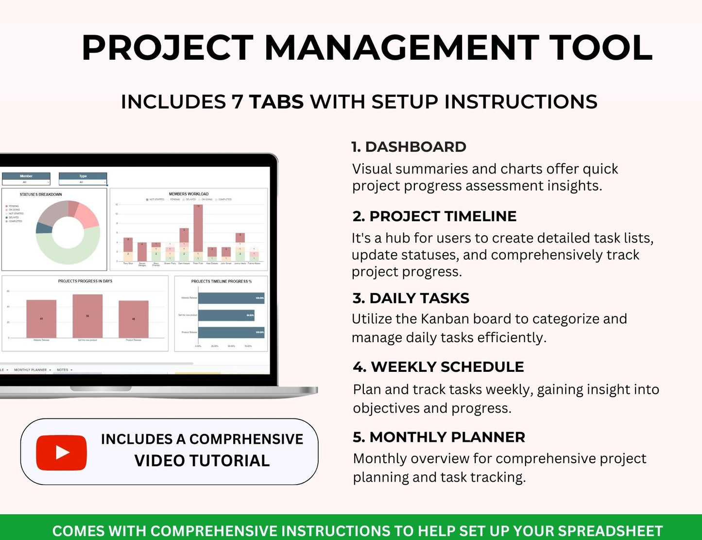 Project Management Spreadsheet Template with Kanban Board