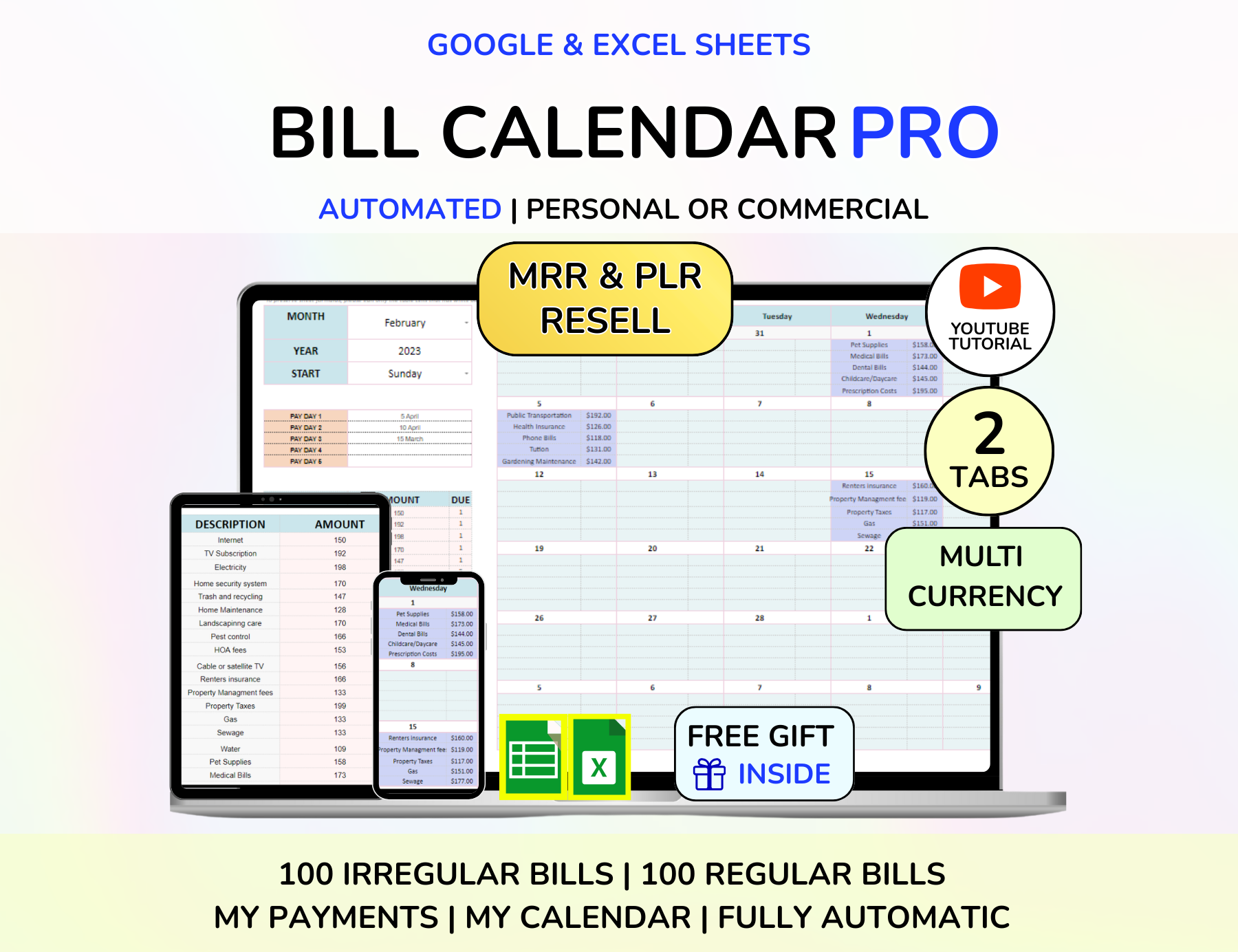Plr MRR Budget Bundle PLR Google Sheets PLR Spreadsheet Monthly Budget Excel Debt Tracker Bill Calendar Net Worth Tracker Budget Planner