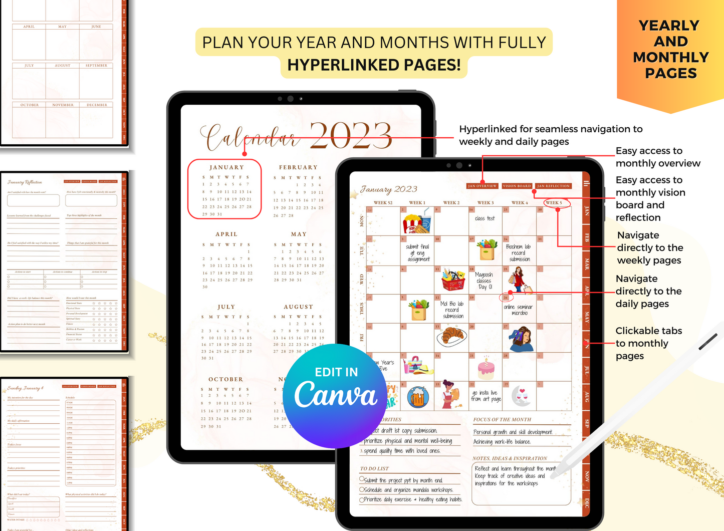 PLR Resell Undated Digital Planner, Daily Planner, Hyperlinked Journal PLR Journal Canva Editable Commercial Use Resell Rights