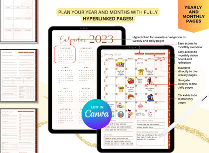 PLR Resell Undated Digital Planner, Daily Planner, Hyperlinked Journal PLR Journal Canva Editable Commercial Use Resell Rights