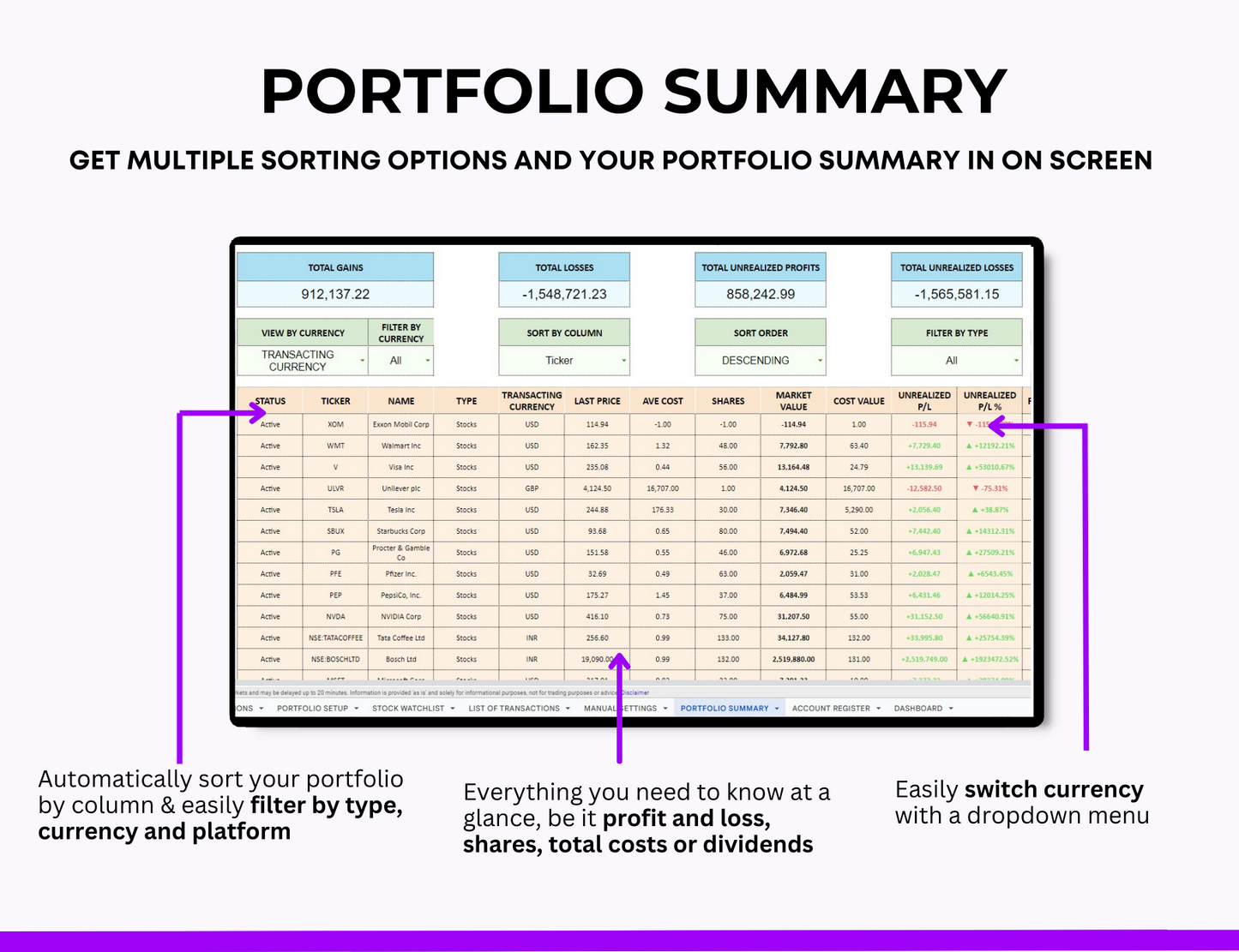 Dividend Tracker ,Stock Portfolio Spreadsheet ,Stock Watchlist ,Investment Tracker, Stock Tracker Investment Dashboard ,Trading Journal