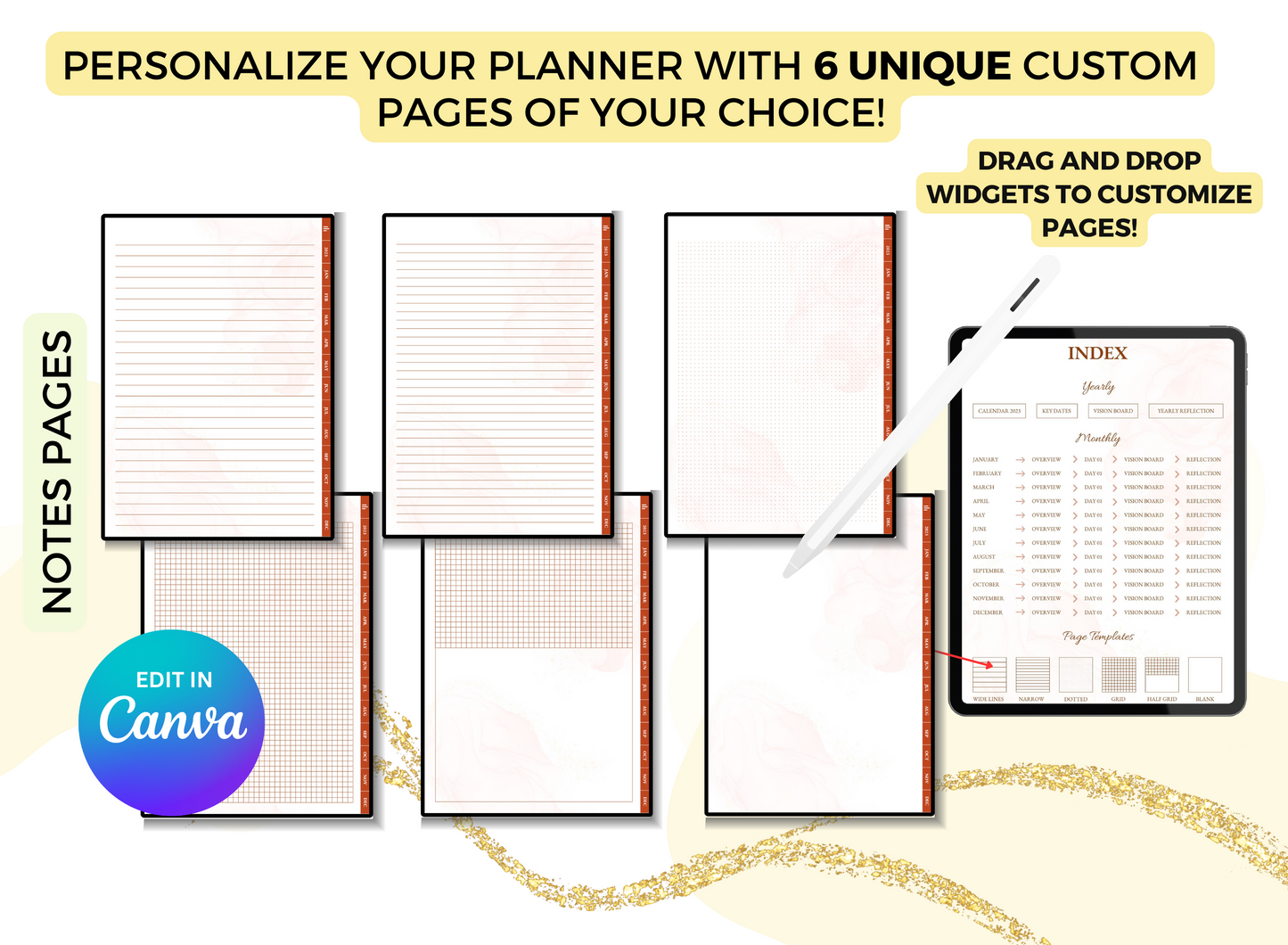 PLR Resell Undated Digital Planner, Daily Planner, Hyperlinked Journal PLR Journal Canva Editable Commercial Use Resell Rights