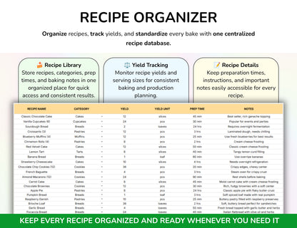 Bakery Planner Business Spreadsheet Recipe Cost Calculator