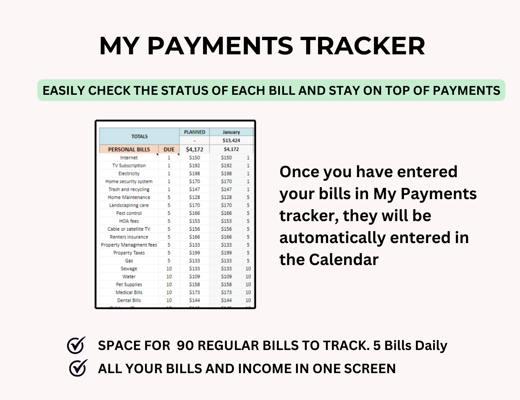 Bills Checklist, bills, Bill Planner, Bill Payment Calendar, bill pay tracker, bill organizer, bill checklist, Bill calendar, Automated Monthly Bill Tracker