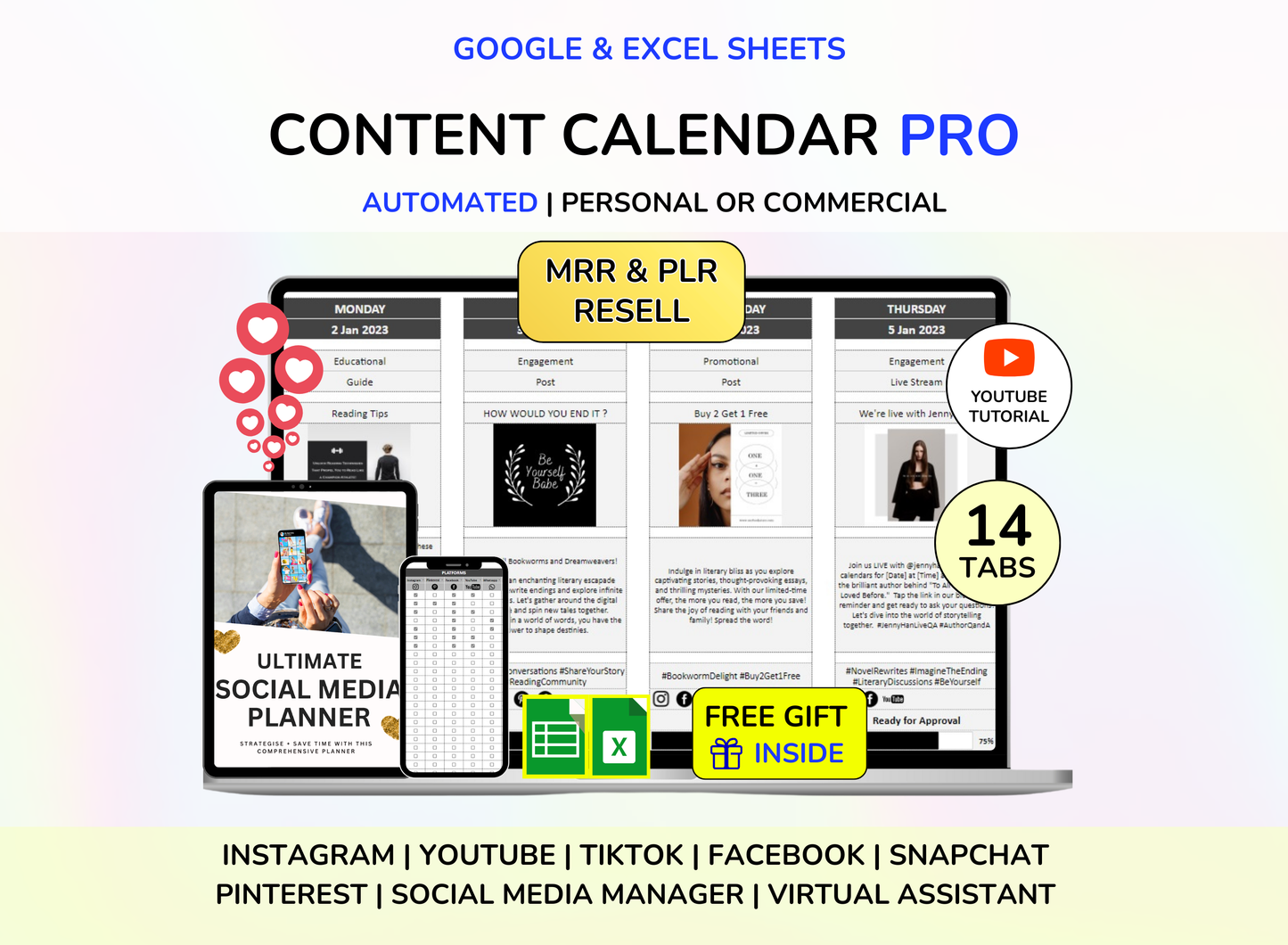 PLR Content Calendar Spreadsheet Social Media Planner Virtual Assistant Social Media Manager PLR Google Sheets PLR Spreadsheet Mrr