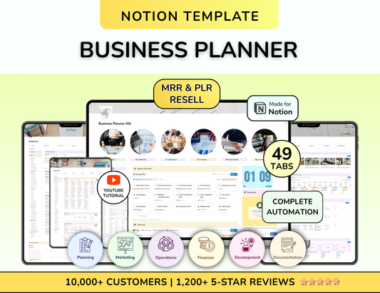 PLR Notion Business Planner, Planning, Marketing, Operations, Finances, Notion Template, Notion Dashboard, CRM, Project Management MRR