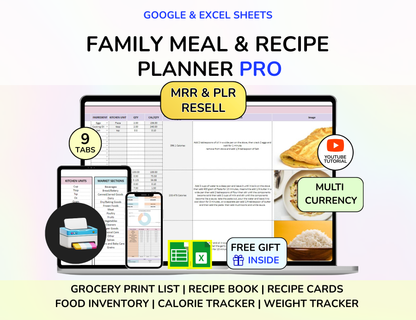 PLR Meal Planner Recipe Spreadsheet Instant Download Digital Download Recipe Planner PLR Google Sheets MRR