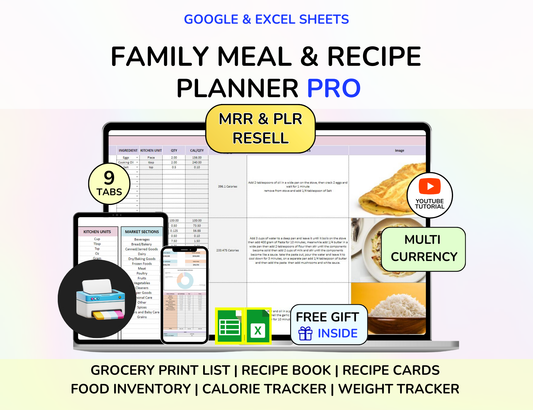 PLR Meal Planner Recipe Spreadsheet Instant Download Digital Download Recipe Planner PLR Google Sheets MRR