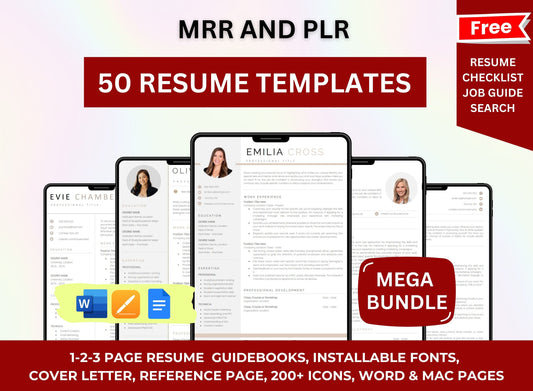 50 Resume Templates, ATS Resume, Minimalist Resume, ATS CV Resume Template Word, Pages, Google Docs, Simple Resume, Basic Resume