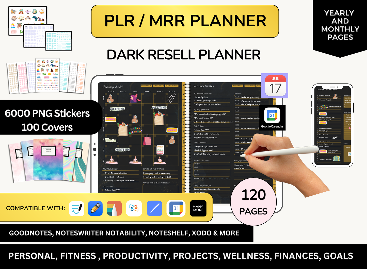 MRR PLR Digital Planner, Resell Planner, PLR Planner, Canva Planner, Editable Journal, Commercial Planners. Dark Digital Bundle, Dark theme