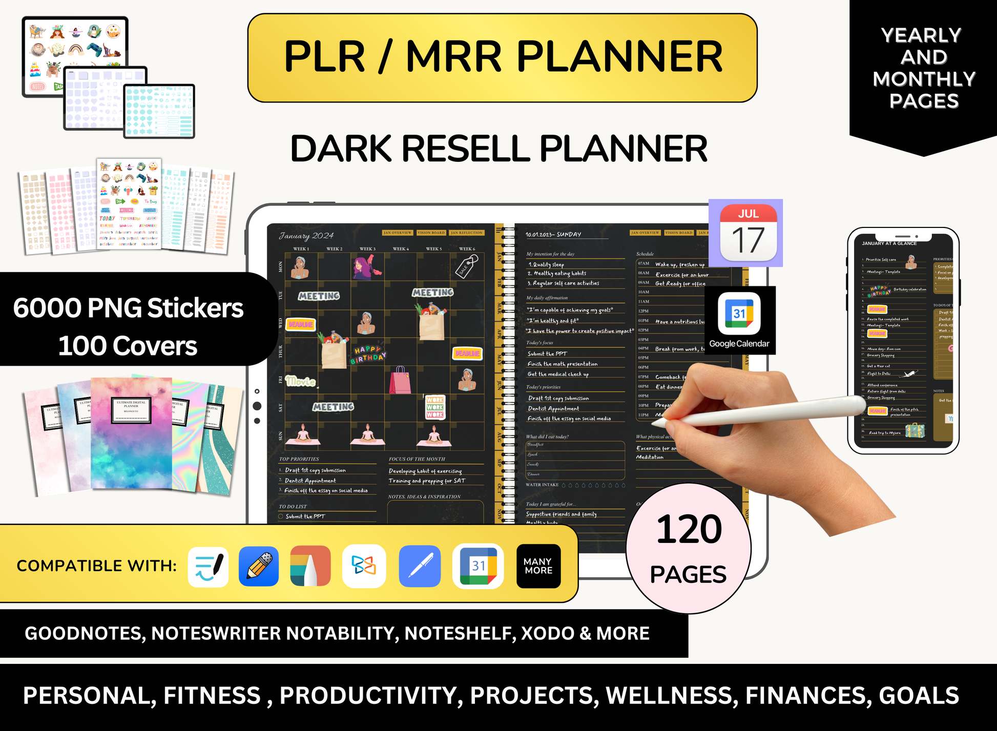 MRR PLR Digital Planner, Resell Planner, PLR Planner, Canva Planner, Editable Journal, Commercial Planners. Dark Digital Bundle, Dark theme