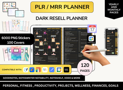 MRR PLR Digital Planner, Resell Planner, PLR Planner, Canva Planner, Editable Journal, Commercial Planners. Dark Digital Bundle, Dark theme