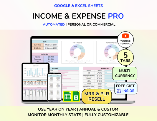 PLR Income and Expense Tracker Spreadsheet Personal Financial Planner Excel Spreadsheet Tracker Google Sheets Excel Spreadsheet Template MRR