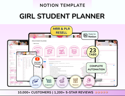 PLR Pink Notion Student Planner University Dashboard Aesthetic Student Planner School Planner Academic Planner Girl planner Girl notion MRR