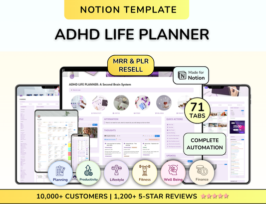 PLR ADHD Second Brain Advanced Notion Life Planner All in One Notion Aesthetic Notion Digital planner Digital Download Digital Product MRR