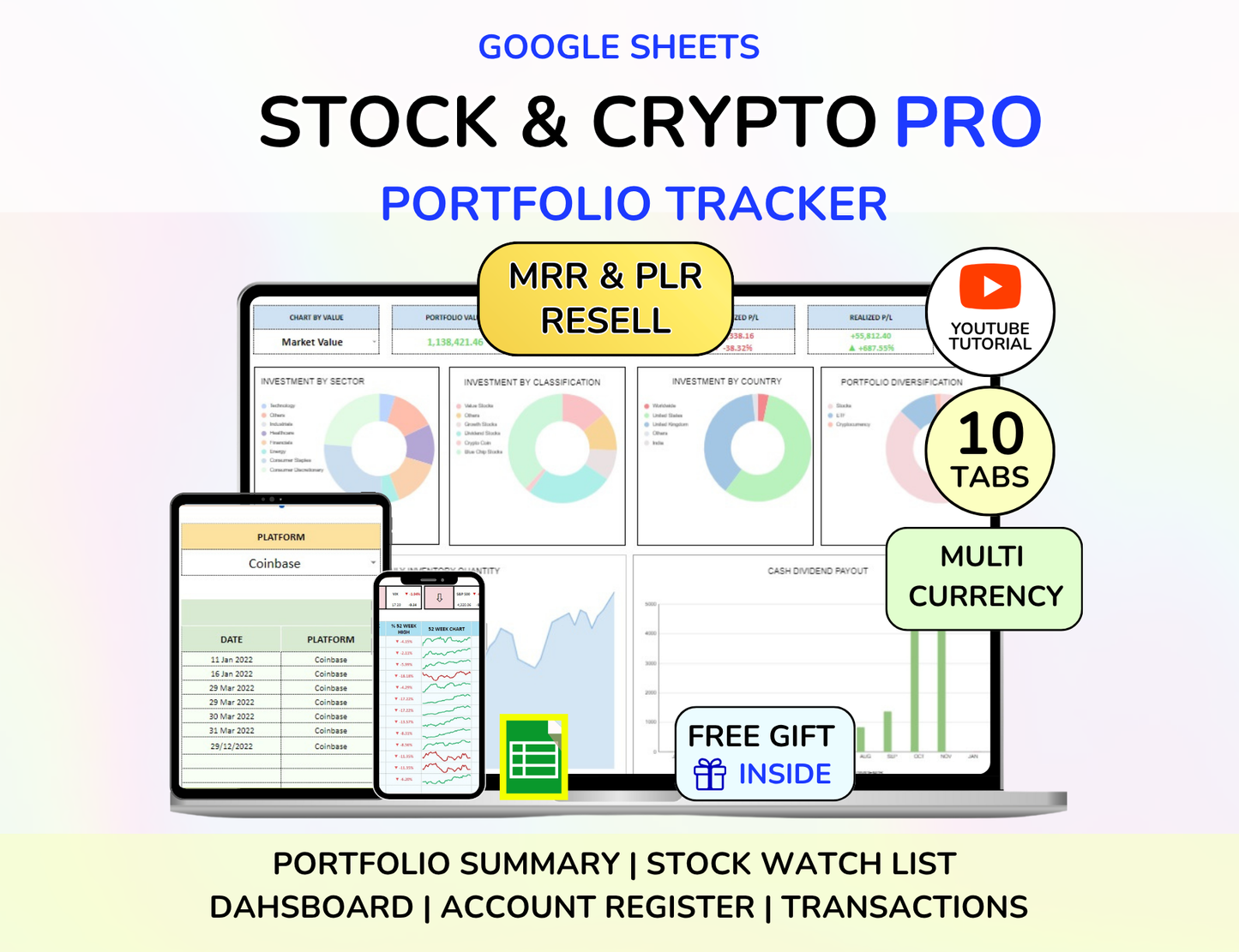 Dividend Tracker ,Stock Portfolio Spreadsheet ,Stock Watchlist ,Investment Tracker, Stock Tracker Investment Dashboard ,Trading Journal