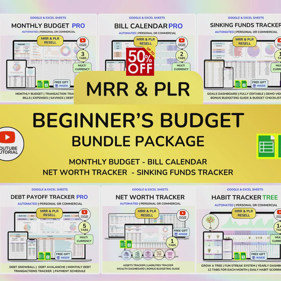 Plr MRR Budget Bundle PLR Google Sheets PLR Spreadsheet Monthly Budget Excel Debt Tracker Bill Calendar Net Worth Tracker Budget Planner