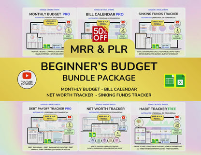 Plr MRR Budget Bundle PLR Google Sheets PLR Spreadsheet Monthly Budget Excel Debt Tracker Bill Calendar Net Worth Tracker Budget Planner