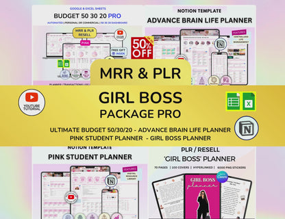 PLR Girl Boss Package Pro, Pink Budget, Girl Budget, Girl Notion planner, Pink Student planner, Boss Girl, girl Ebook, Digital Product