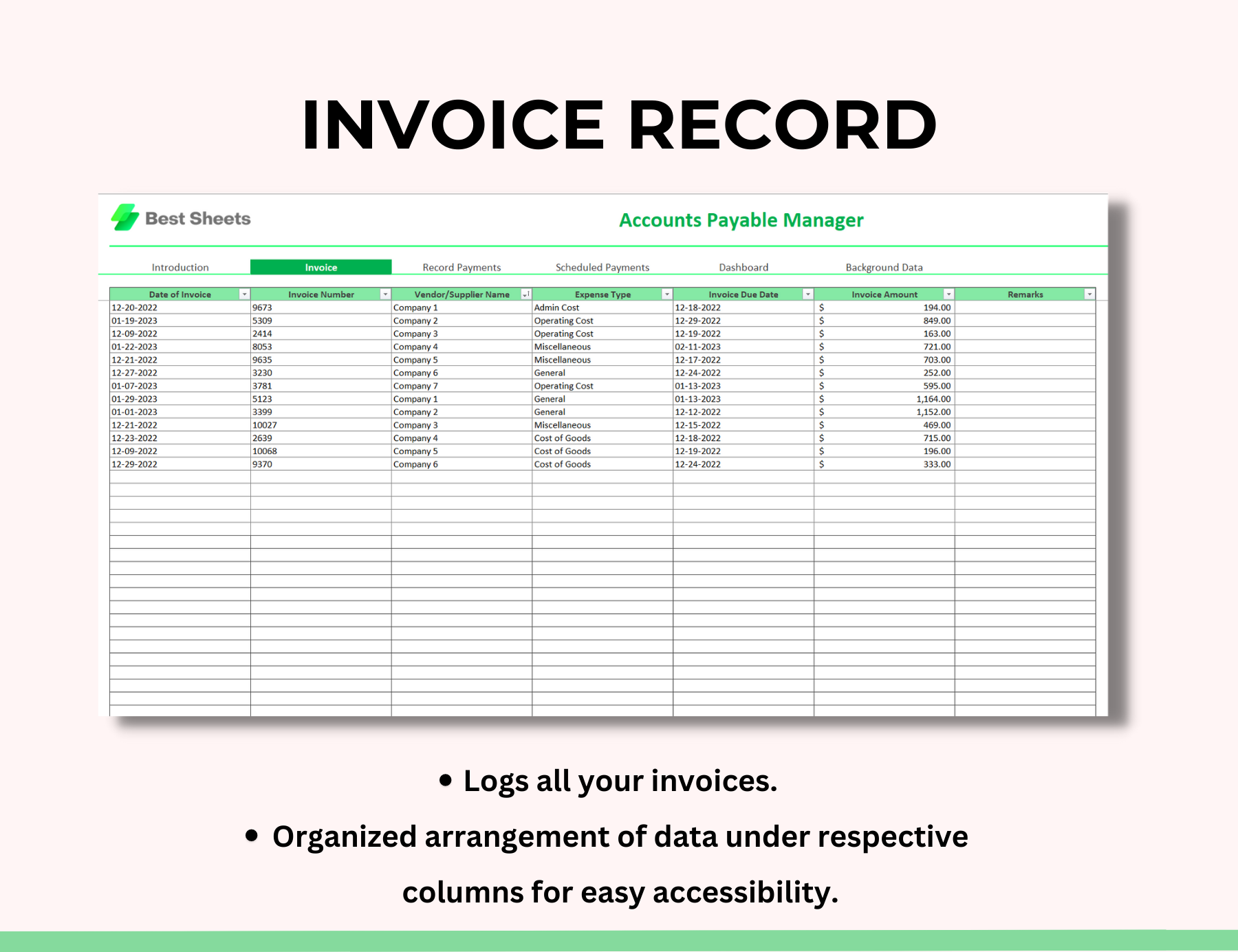 Cash due spreadsheet, Bank account listing, accounts payable turnover,