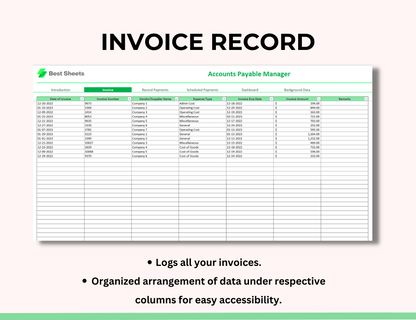 Cash due spreadsheet, Bank account listing, accounts payable turnover,